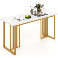 Costway Table de salle à manger en bois 160x60cm, table de cuisine rectangulaire avec aspect marbre & pieds en métal, table de salle à manger pour 6-8 personnes, grande table blanche dorée