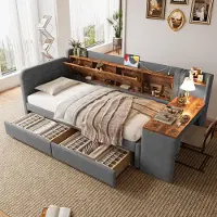 MODFU Lit banquette 90x200 cm - Lit Simple avec Rangement et 2 Tiroirs et Table Latérale avec Ports USB, Lin MDF, Gris