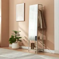 En.casa Miroir de dressing 2 en 1 « Klilbojle » Miroir pleine longueur avec tringle à vêtements et 2 étagères Métal 160 x 40 x 35 cm Couleur sable