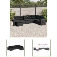 The Living Store Ensemble de jardin canapé 8 pièces avec coussins Noir Poly Rattan