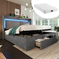 OKWISH Lit Coffre 140x200 cm - Lit Double Rembourré avec LED et USB, Niche de Rangement, Matelas Inclus, en Lin Bois Métal Gris