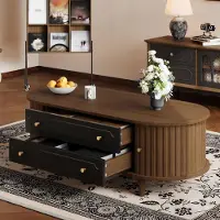 Merax Table basse avec 2 tiroirs et porte roulante, table de salon avec 4 pieds, table d'appoint avec un design rétro pour le salon, bois de noyer + noir