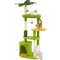 Costway Arbre à chat hauteur 122cm, arbre à chat avec niche pour chats, feuilles artificielles, brosse à chat, couchette, poteau à griffer en sisal, plates-formes&boules, vert