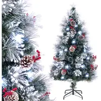 Costway Sapin de Noël artificiel 150cm avec pommes de pin & baies, sapin avec neige, LEDs blanc froid, fibre de verre & pointe d'étoile, 8 modes Vert Blanc