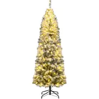 Costway Sapin de Noël artificiel 180cm, Sapin crayon avec 260 LED blanc chaud, neige & 8 modes, Sapin de Noël étroit, Sapin artificiel Noël