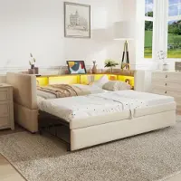 MODFU Lit Gigogne Simple 90x190 cm avec Rangement et Éclairage LED, Canapé Convertible Multifonction, Flanelle Beige - Sans Matelas