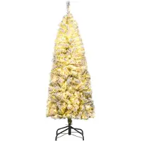 Costway Sapin de Noël artificiel 150cm, Sapin crayon avec 180 LED blanc chaud, neige & 8 modes, Sapin de Noël étroit, Sapin artificiel Noël