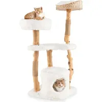 Costway Arbre à chat en bois 124cm, Meuble pour chats en bois massif avec niche pour chats, assise en peluche, plateforme d'assise & poteau griffoir, Arbre à chat blanc