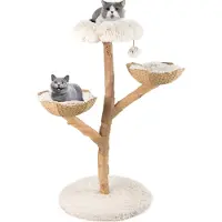 Costway Arbre à chat en bois 122cm, arbre à chat avec siège en peluche, 2 paniers en rotin, poteau griffoir en jute & balle, meubles pour chats en bois massif, blanc + naturel