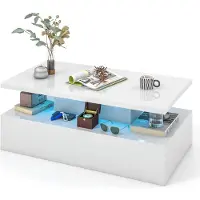 Costway Table basse LED , table basse moderne blanche brillante à 2 niveaux avec couleurs de lumière, vitesse et luminosité réglables Blanc