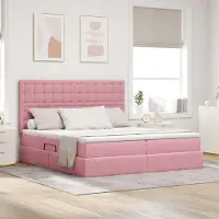 Prolenta Lit de luxe avec tête de lit et espace de rangement, couleur rose, dimensions 200 x 200 cm, revêtement en velours