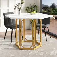 Fortuna Lai Table hexagonale en marbre (1 pièce) Table de cuisine hexagonale Table de petit-déjeuner Pieds en métal Motif marbré Or