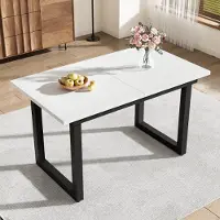 MODFU Table à manger extensible et pliante avec pieds en fer, table basse multifonctionnelle rectangulaire, aspect béton, blanche
