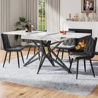 Flieks Table de salle à manger extensible avec pieds en métal, Table de cuisine rectangulaire avec plateau de table en imitation marbre, 120-160x80x66.1cm, Blanc