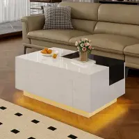 Merax Table basse haute brillance avec éclairage LED, table basse extensible avec tiroir, application Bluetooth, bandeau lumineux 16 couleurs, table basse moderne blanche