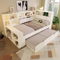 Flieks Canapé-lit en bois 140 x 200 cm avec lit gigogne 90 x 190 cm, lit de jour avec rangement, lit double pour adolescent avec espace de rangement, blanc