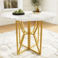 Fortuna Table ronde Lai (80 x 80 x 76 cm), table ronde légère et luxueuse pour 4 à 6 personnes, adaptée à la salle à manger et au salon, pieds dorés, plateau marbré en MDF