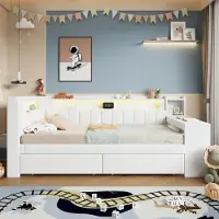 OKWISH Lit Gigogne 90x200 cm – USB LED 2 Tiroirs Bureau – Sans Matelas – Blanc