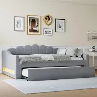 Ulife Lit de jour pratique avec lit gigogne, éclairage LED et rembourrage en lin doux, 140x200 cm, Gris