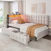 MODFU Lit Banquette 90x200 cm avec rangements, 2 tiroirs et éclairage LED, ports USB et Type-C, sans matelas - Beige