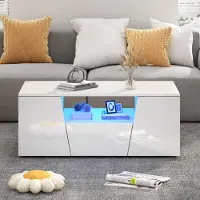 Merax Table basse avec LED, App-Control & USB, Table basse d'appoint avec 2 armoires, 1 tiroir, blanc brillant, Table de salon peu encombrante