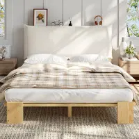 Flieks Lit en bois : lit classique 140 x 200 cm avec dossier rembourré, lit pour adolescent ou enfant avec sommier à lattes, lit double au fini naturel