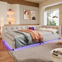 OKWISH Daybed 90x200 cm avec sommier à lattes, cadre avec LED et ports USB + Type-C, lit bois avec capitonnage bouton, lit pour jeunes avec télécommande – beige, sans matelas