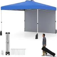 Costway Pavillon Pop-up 3x3m, Pavillon de jardin portable avec paroi latérale, ombrage, sac, 8 piquets, 4 ancres, 4 cordes à vent & 4 sacs de sable Bleu