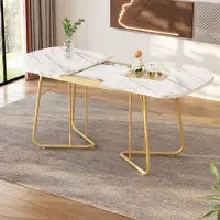 MODFU Table À Manger Extensible, Pieds Métal Doré, Style Moderne, MDF Résistant, 140/180x80x75 cm - Blanc + Or
