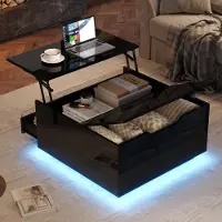 OKWISH Table Basse Relevable avec Rangement et Bande Éclairage LED, 1 Tiroir, Design Moderne, pour Salon - 70x70x38 cm - Noir Laqué
