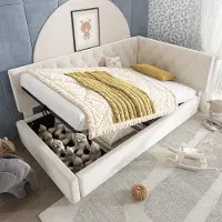 MODFU Lit Coffre Enfant 90x190 cm - Lit Simple avec Coffre de Rangement Hydraulique, Cadre Velours Beige, Structure Bois, Sans Matelas