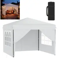 XMTECH Tente pliante Pop-Up Pavillon 2,5 x 2,5 m, imperméable et protection UV, montage rapide à l'aide d'un seul bouton, hauteur réglable sur 3 niveaux, blanche (avec parois latérales)