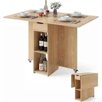 Costway Table à manger pliante, table de cuisine avec roulettes, tiroir et 2 tablettes, table pliante pour 2 à 4 personnes, table de salle à manger 120 x 72 x 75 cm Nature