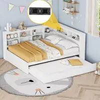 Merax Canapé-lit 140x200cm avec lit gigogne 90x190cm, lit de jour avec USB et compartiment de rangement, lit d'enfant avec sommier à lattes, lit double Daybett lit d'adolescent, blanc