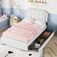 OKWISH Lit avec Rangement 90x200 cm - Lit Simple Capitonné Ado/Adulte avec 2 Tiroirs et Tête de Lit Courbée à Clous Décoratifs - Sans Matelas - Beige clair