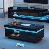 OKWISH Ensemble Meuble TV Et Salon, Avec LED Intégrée Et Finition Haut Brillant, 1 Tiroir, Panneaux De Particules - 181×38×38 + 100×50×40.3 cm - Noir