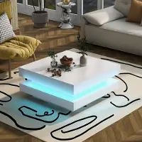 OKWISH Table basse carrée blanche 70 x 70 x 36 cm – style technologique moderne avec éclairage LED à 16 couleurs, table de salon élégante et contemporaine