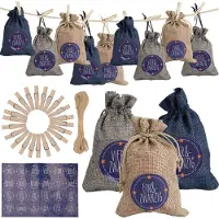 Jiubiaz Calendrier de l'Avent à remplir Sacs de Noël Décor 24 sacs en tissu bleu / blanc / gris