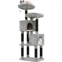 Costway Arbre à chat Grand, 156 cm, Arbre à chat avec 2 cavités pour chats, grande base, 2 lits, poteaux en sisal&balle, Arbre à chat Flanelle, Gris+ Noir