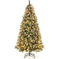 Northix Sapin de Noël artificiel 195 cm avec lumières, neige, pommes de pin et baies rouges
