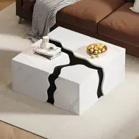 Merax Table basse aspect marbre, table cubique géométrique avec tiroir, table de salon moderne avec espace de rangement caché en panneau de particules, blanc