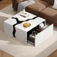 Fortuna Table basse Lai, 70 x 70 x 31 cm, design géométrique cubique, table d'appoint avec tiroir, table avec placage marbre de forme unique, table basse, table de rangement, table de jeu