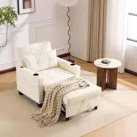 OKWISH Canapé convertible 3-en-1, fauteuil relax avec porte-gobelets et port USB, chaise longue lounge avec pieds en plastique et poche, blanc