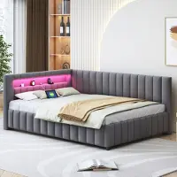 MODFU Canapé-lit Lit de jour 140x200cm avec lumière LED et port de chargement USB,Lit de jour rembourré avec dossier, Lit d'enfant Lit d'adolescent,Gris foncé(Sans matelas)