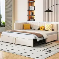 Flieks Lit rembourré Canapé-lit 90x200cm avec lit gigogne, Lit en bois pour adolescents Lit d'enfant Lit-canapé avec sommier à lattes, Lit de jour Lit fonctionnel Velours, Beige