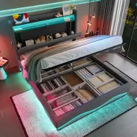 OKWISH Lit Coffre 140x200 cm - Lit Double Capitonné avec Éclairage LED et Rangement, Port USB Intégré, en Velours - Sans Matelas - Gris