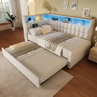 Flieks Canapé-lit 90x200cm avec sous-lit 90x190cm, lit rembourré pour adolescents avec Led et haut-parleur Bluetooth, lit de jour avec Usb, lin, beige