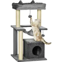SUGIFT Arbre à grimper avec grotte, hamac, corde en sisal, peluche, couleur grise