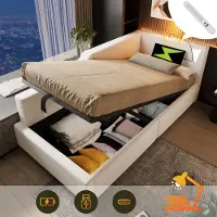 Flieks Lit hydraulique rembourré Canapé-lit 90x190cm avec fonction de recharge (USB & Type C), Lit de rangement Lit de jour avec lampe de lecture, Lit simple Velours, Beige