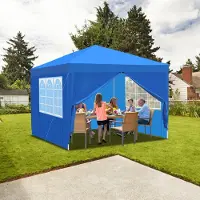 TolleTour Pavillon pliable 3x3m bleu avec parois latérales Tente de réception protection UV réglable en hauteur avec sac de transport, pour le jardin en plein air Camping